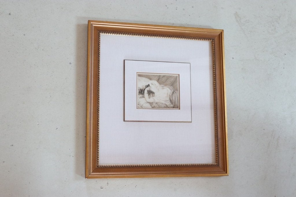 Oude gravure van liggende vrouw – ingelijst 35 x 37 cm, 35 cm, Gravure, Enlèvement, 37 cm