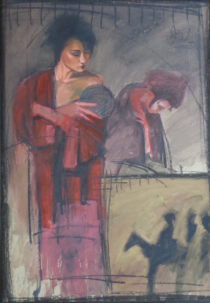 NICO VRIELINK / VROUWEN MET KIMONO / OLIEVERF 114x87cm KADER, Antiquités & Art, Enlèvement, Verre, Signé, Peinture à l'huile