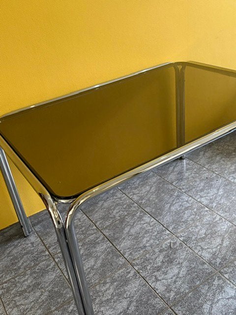 vintage chromen eettafel met een rookglazen blad, Ophalen, Gebruikt, 100 tot 150 cm, 50 tot 100 cm