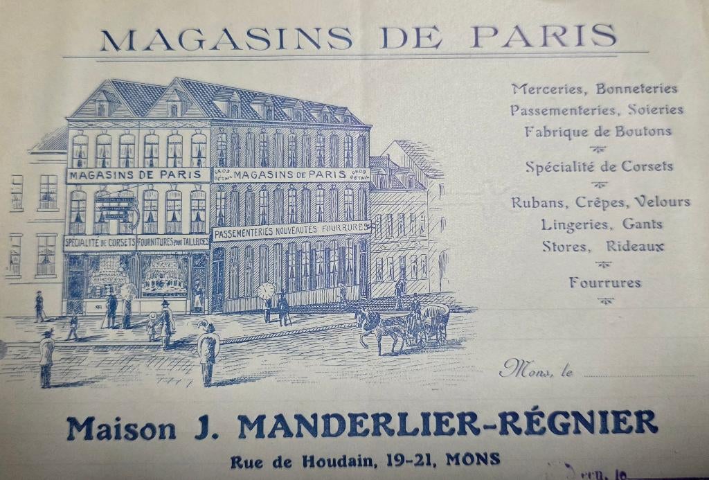 Mons+winkels in Parijs+Manderlier+Fashions+Lithografie, Ophalen of Verzenden, Voor 1920, Ongelopen, Henegouwen