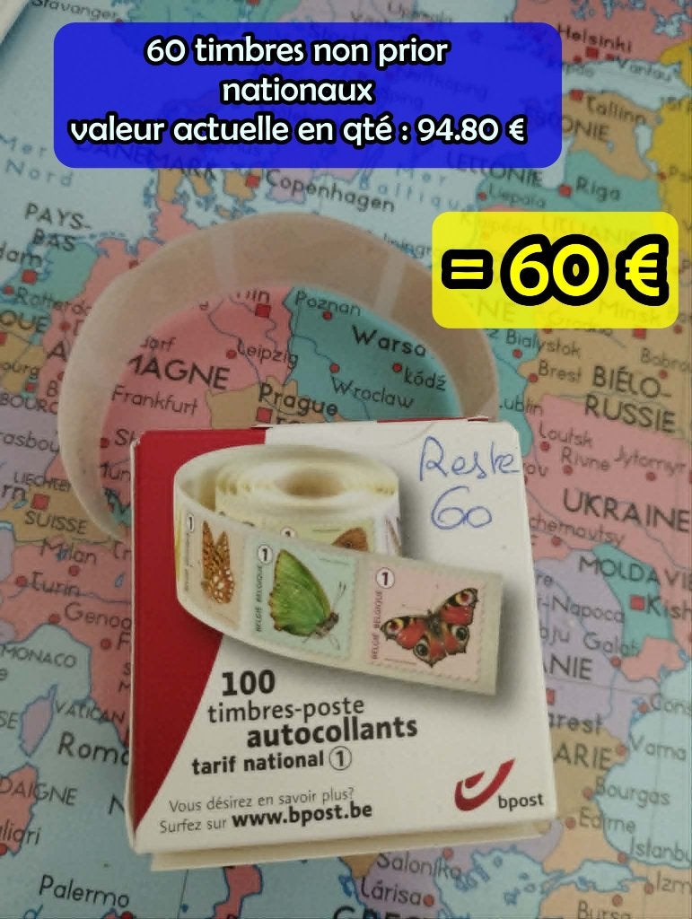 60 timbres autocollants n°1 BELGIQUE non prior - papillons, Timbres & Monnaies, Timbres | Europe | Belgique, Non oblitéré, Timbre-poste