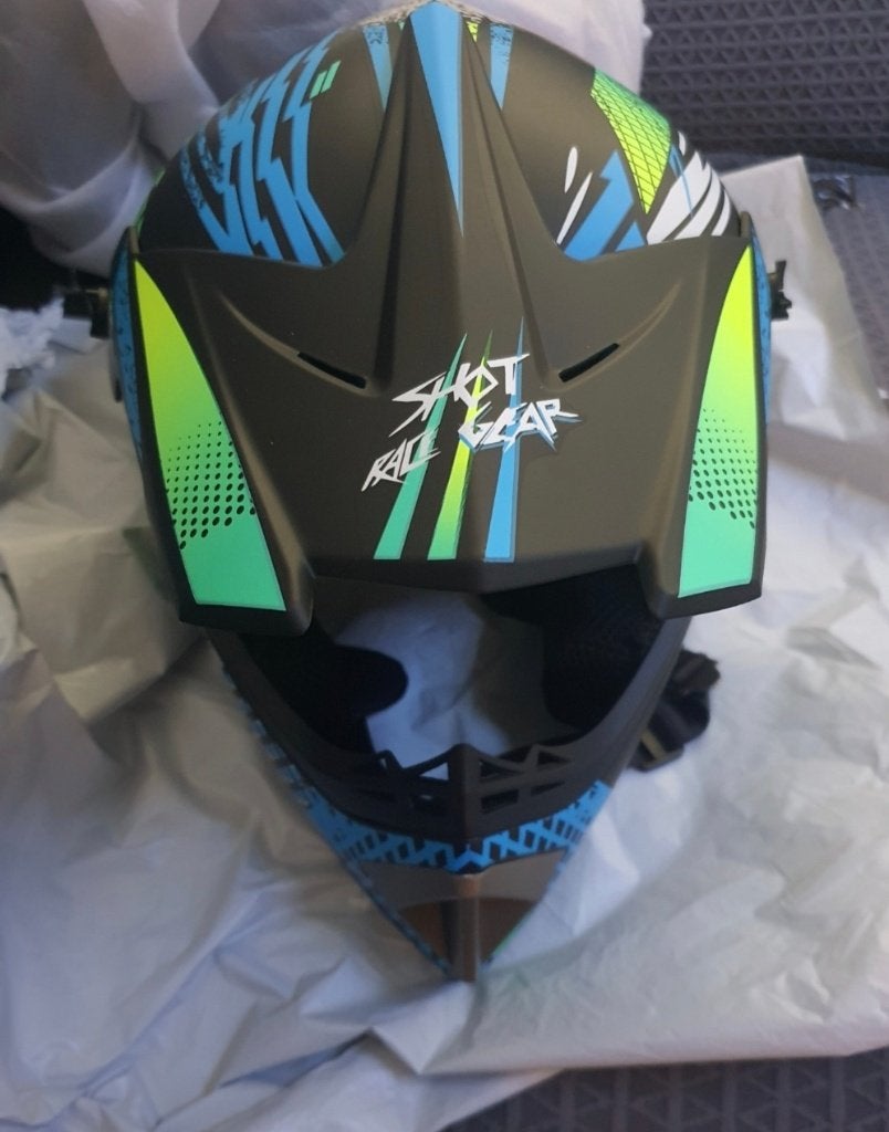 Stoere Shot Race Gear Crosshelm – Blauw/Neon Groen, Dames, Nieuw zonder kaartje, S, Overige typen