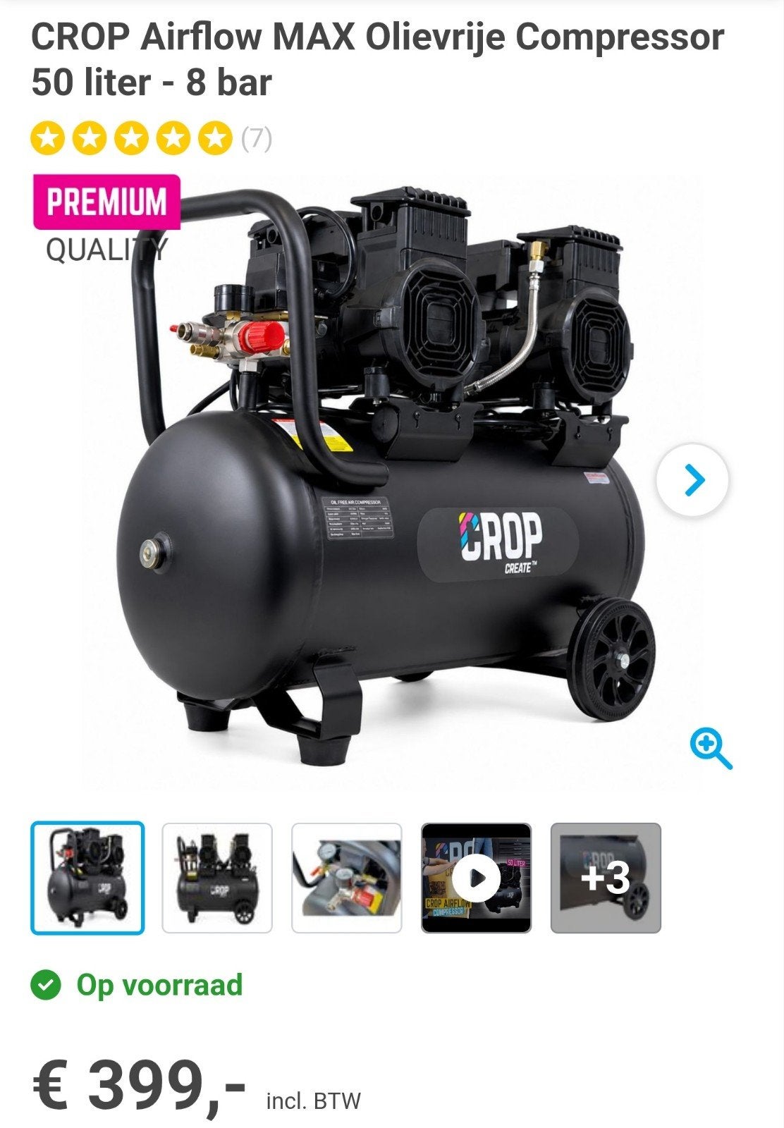 Compressor 50 liter - 8 Bar Crop + Luchtslang, Doe-het-zelf en Bouw, Compressors, Ophalen, 6 tot 10 bar, Nieuw, 400 tot 800 liter/min
