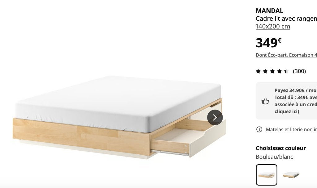 MANDAL Cadre lit MANDAL ikea avec rangement, bouleau/blanc,, Maison & Meubles, 140 cm, Enlèvement, Utilisé, 200 cm