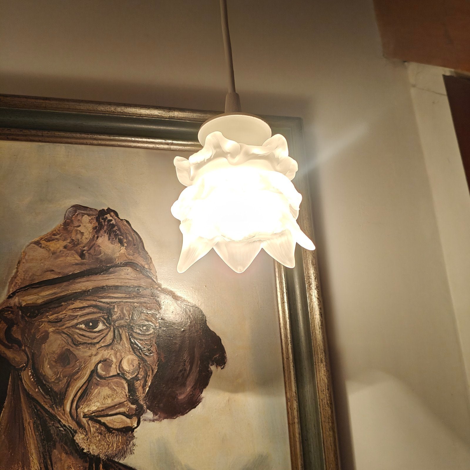 Vintage matglazen hanglamp - nieuwe elektrische onderdelen, Enlèvement ou Envoi, Verre, Noir