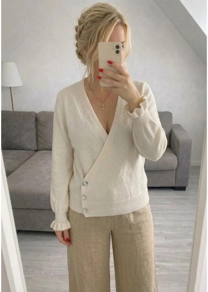 Prachtige gebroken witte overslag trui met strass knopen, Verzenden, Gedragen, Maat 46/48 (XL) of groter, Overige kleuren
