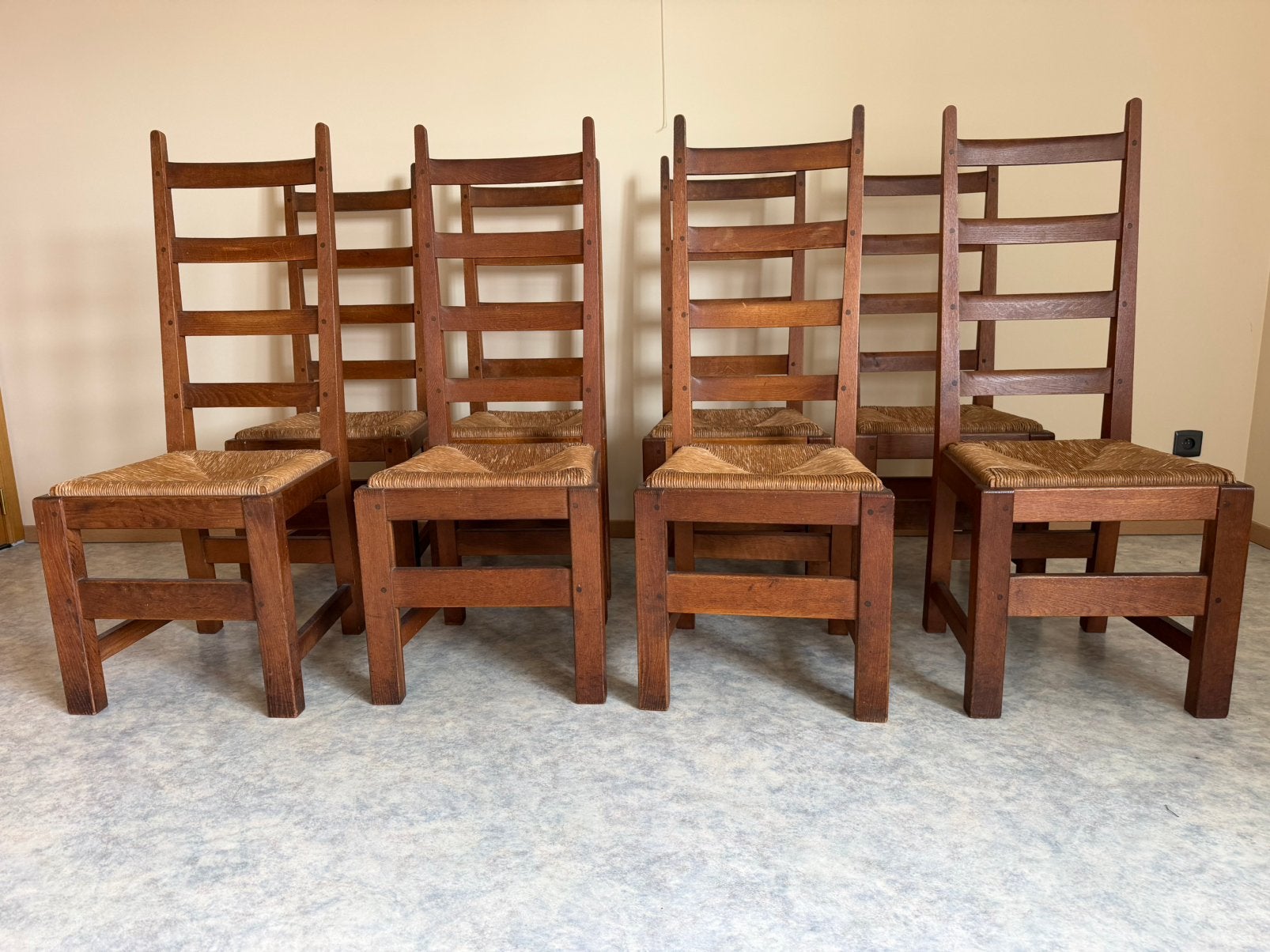 8 eiken eetkamerstoelen met rieten zitting, Huis en Inrichting, Ophalen, Gebruikt, Hout