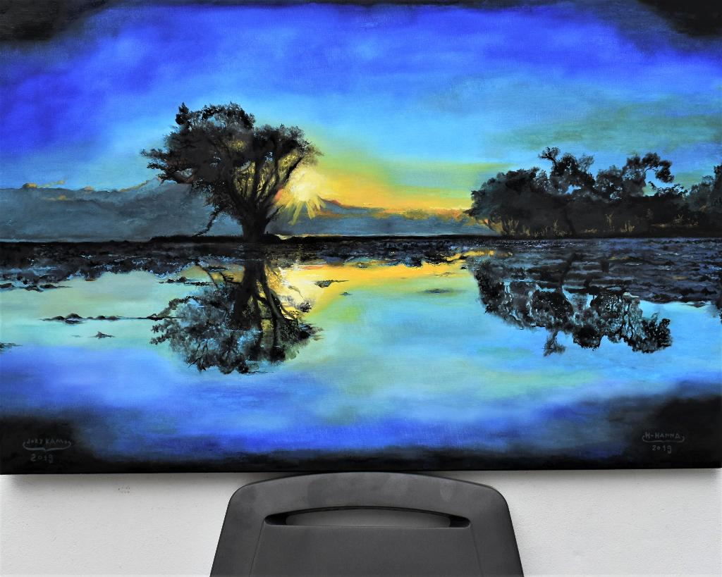 Zonsondergangblauw schilderij origineel gesigneerd Joky Kamo, Antiek en Kunst, Ophalen