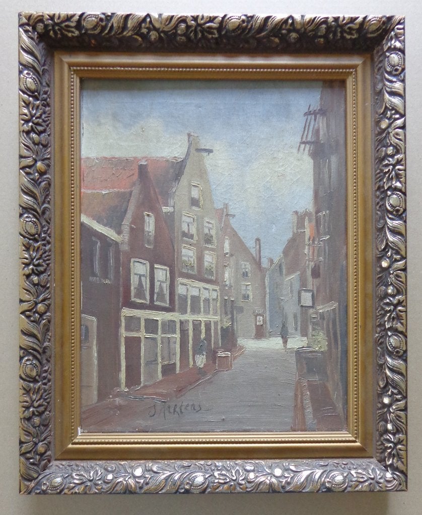 J. MARTENS / STADSZICHT NEDERLAND / OLIEVERF / 50x41cm KADER, Doek, Expressionistisch, Ophalen of Verzenden, Gesigneerd