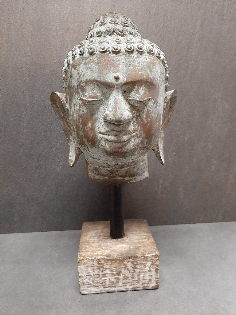 bronzen Boeddhahoofd op houten voet/37 cm, O, Met sokkel, Nieuw, 37 cm