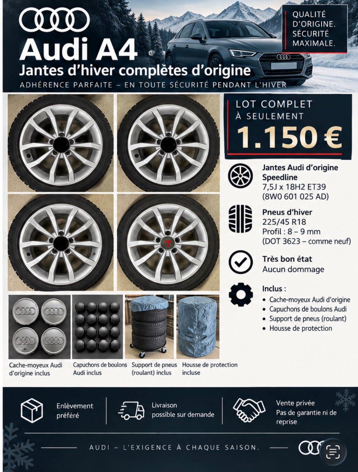 Roues hiver Audi A4 d’origine– 225/45 R18– accessoires incl., Enlèvement