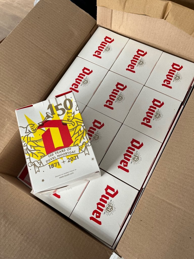 16x Duvel glas 150 jaar DUVEL MOORTGAT, Verzamelen, Glas en Drinkglazen, Ophalen, Nieuw, Bierglas