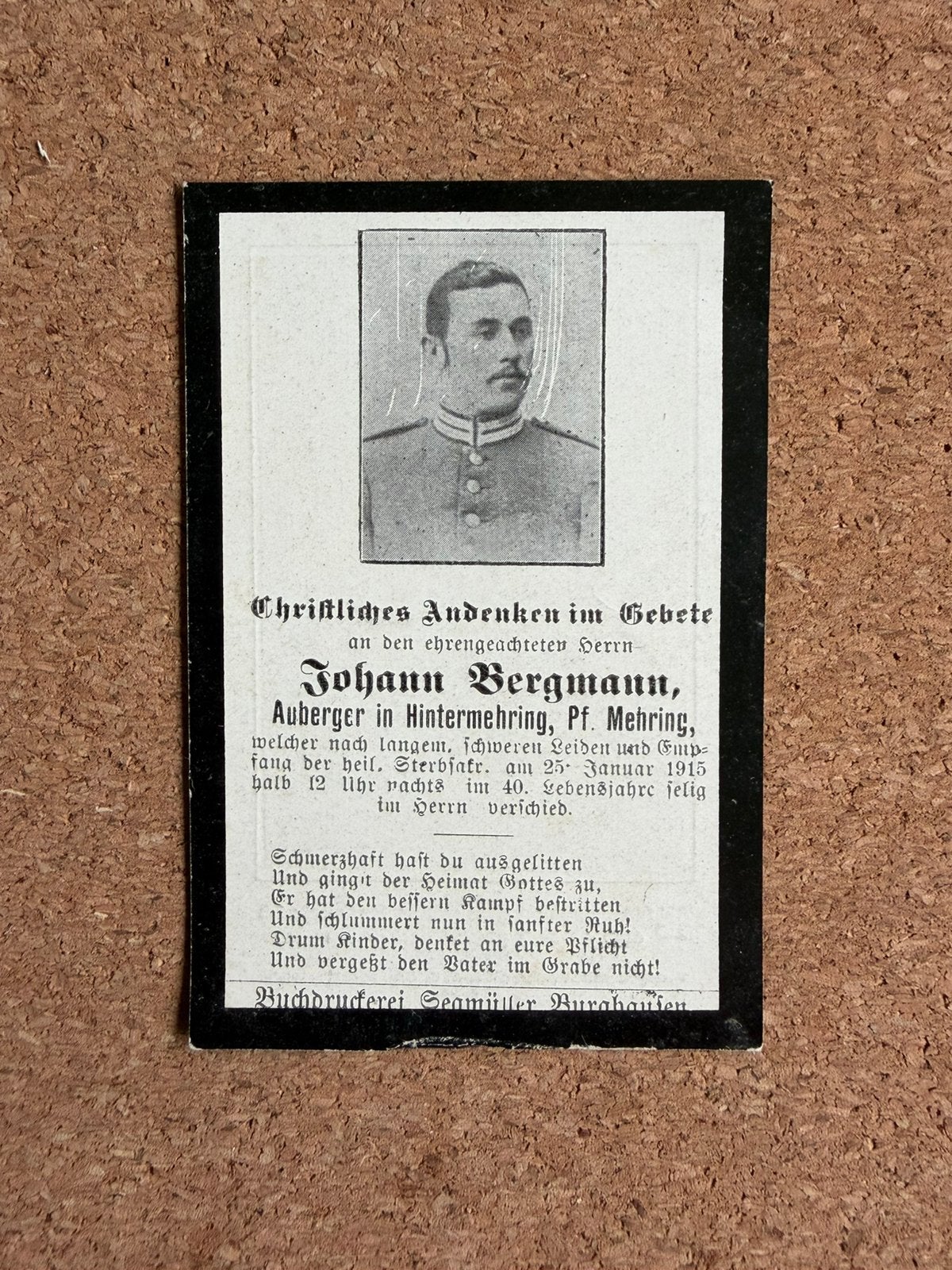 Duits Bidprentje WO1 - Beieren Portret (1915), Ophalen of Verzenden