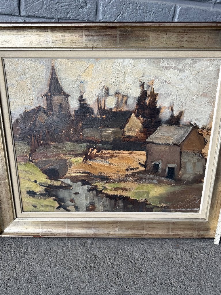 Henri Théatre (1913-1985) – Paysage de Verlaine – Huile, Enlèvement ou Envoi, Peinture à l'huile, Paysage, Signé