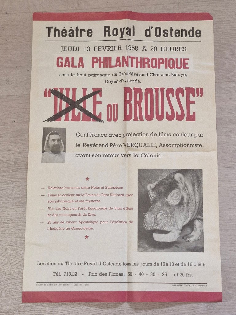 Affiche du Théâtre Royal d'Ostende - 1958 - Conférence/Film, Enlèvement, Utilisé, 20e siècle ou après, Theatre Royal d'Ostende
