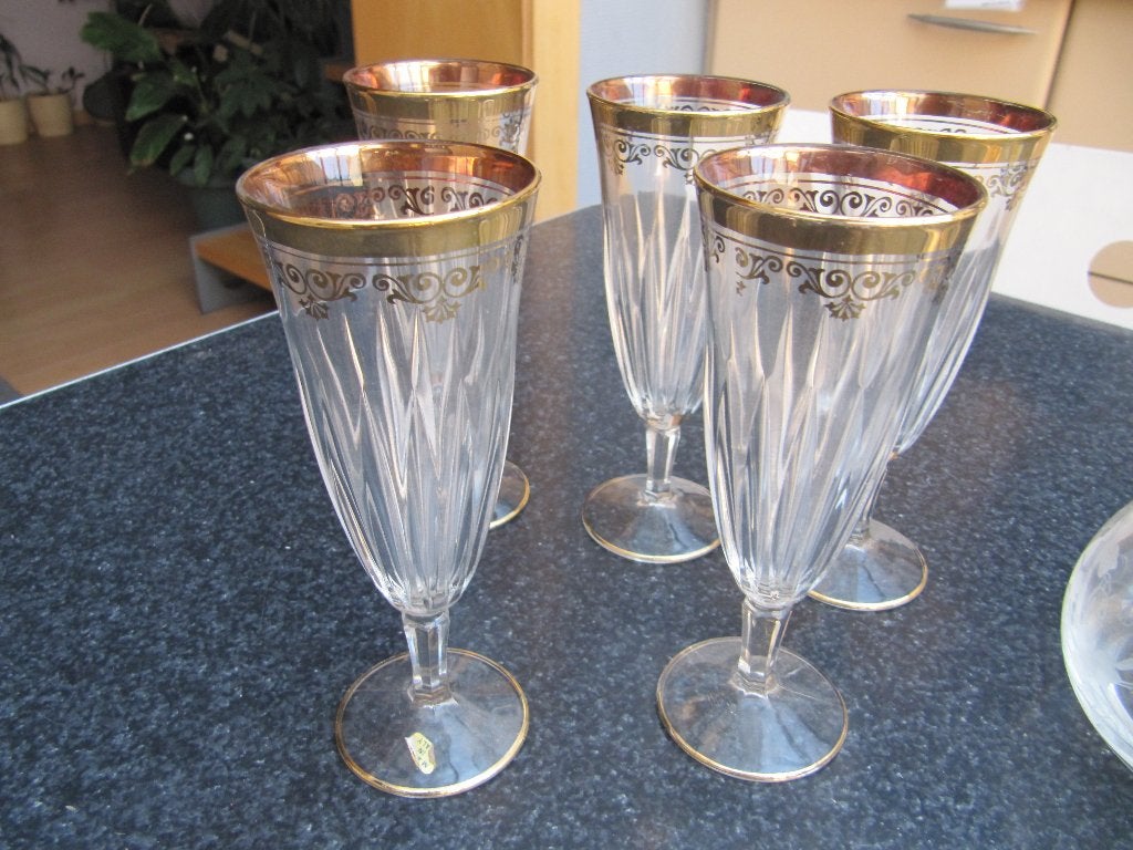 5 glazen champagne vintage met gouden rand, Italy, Enlèvement ou Envoi