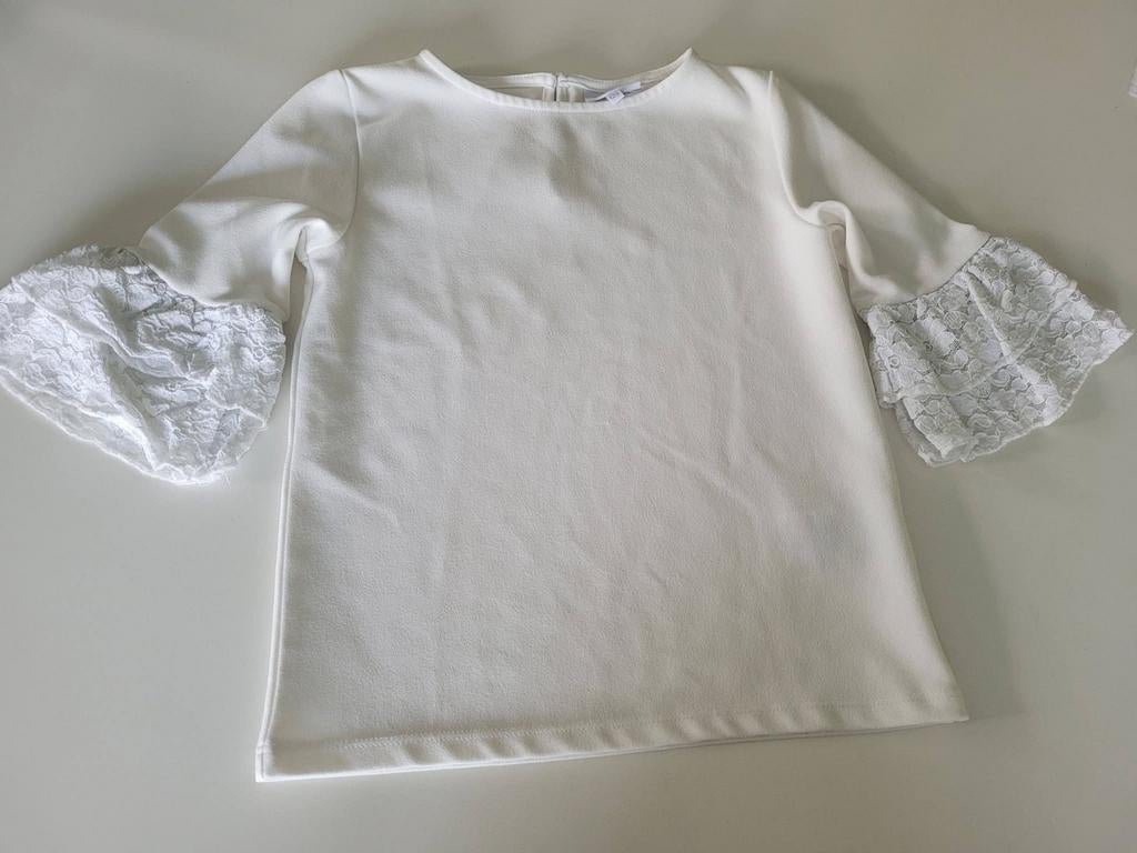 Witte longsleeve met kanten details aan de mouwen mt 128 Jbc, Ophalen of Verzenden