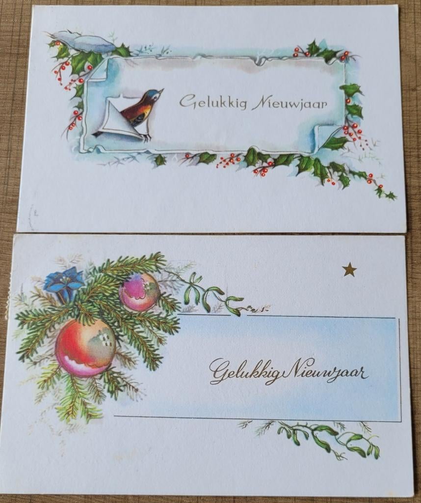 2 oude postkaarten: Gelukkig Nieuwjaar (jaren '70), Ophalen of Verzenden, 1960 tot 1980, Gelopen, Feest(dag)