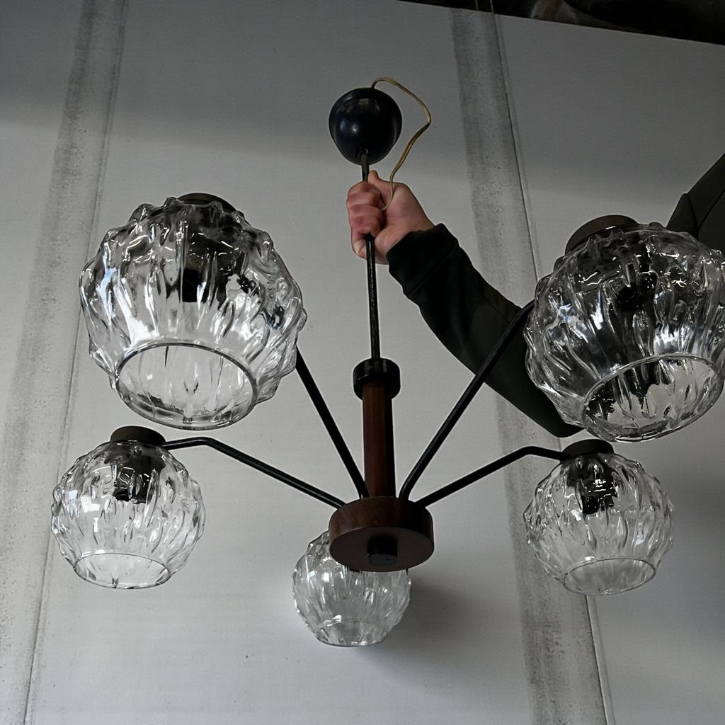 Vintage ijzeren luster / hanglamp met 5 glazen lichtpunten, Antiek en Kunst, Ophalen of Verzenden