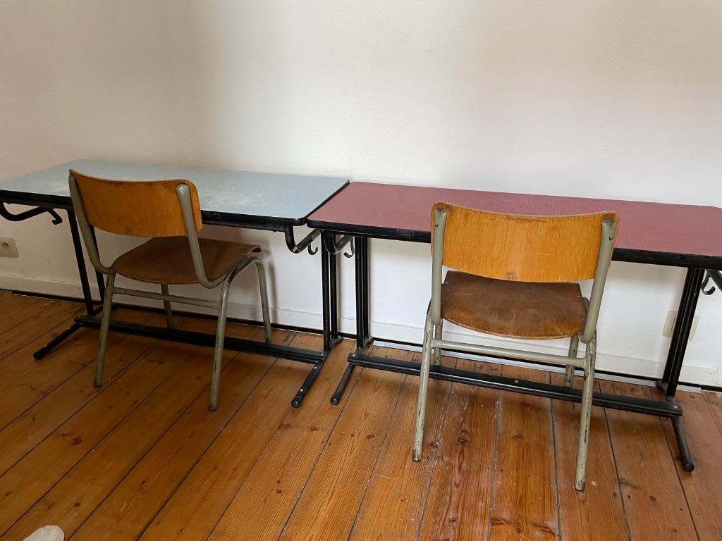 vintage bureau / schoolbankjes met stoelen voor kinderen, Enlèvement, Utilisé, Table(s) et Chaise(s)