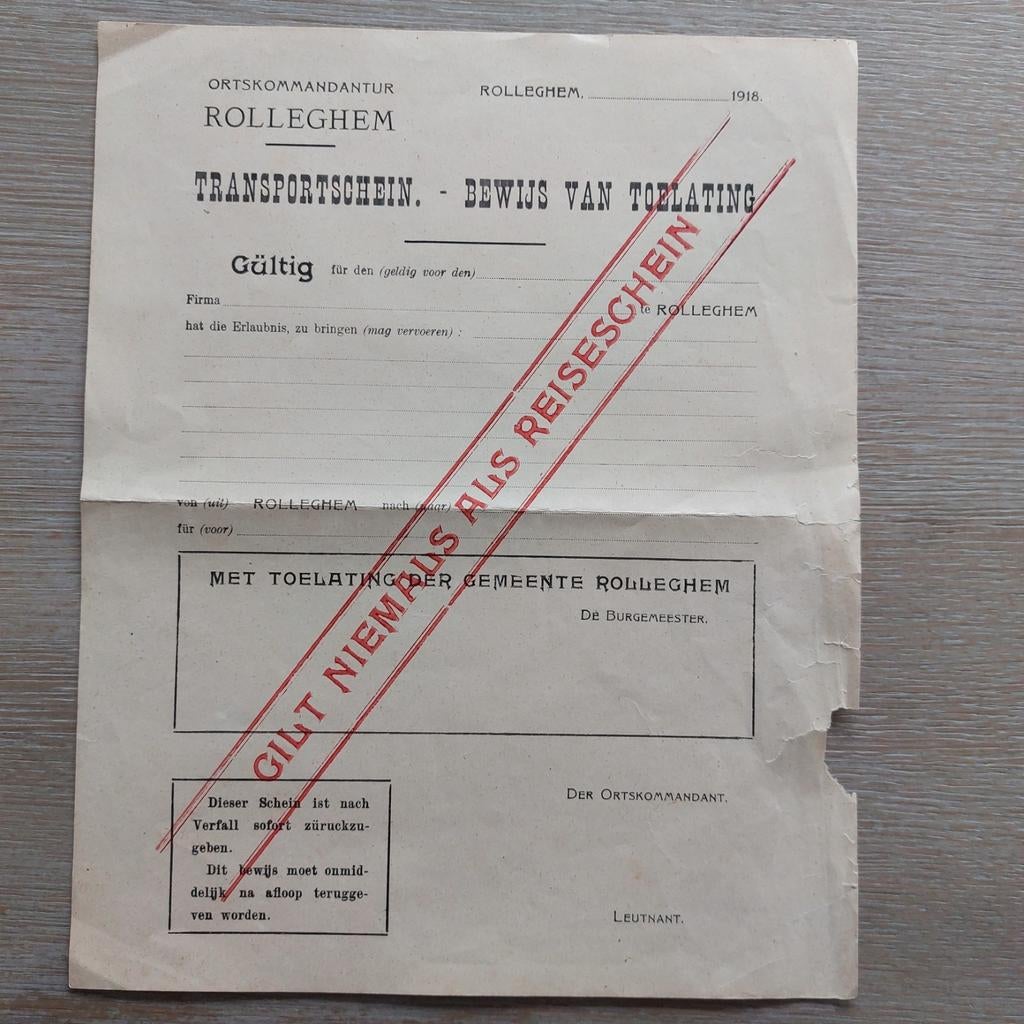 Oorlogsdocument 1918 Rollegem, Enlèvement ou Envoi