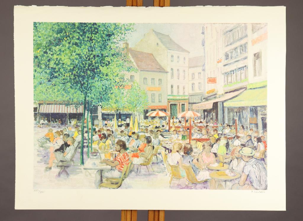 Terras op de Groenplaats lithografie van Paul Smolders, Antiek en Kunst, Kunst | Etsen en Gravures, Ophalen of Verzenden
