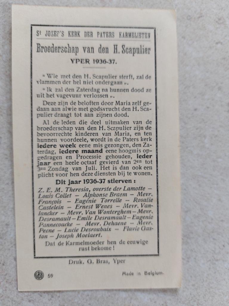 gedachtenisprentje Ieper 1936-1937, Verzenden