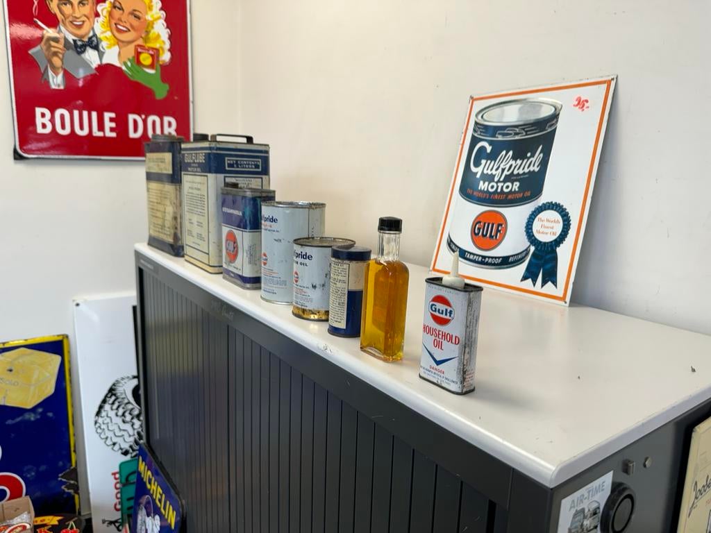 Anciens bidons d'huile GULF à vendre, Enlèvement ou Envoi, Utilisé, Emballage
