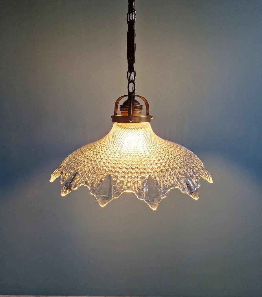 Suspension Art Déco en verre transparent festonné,1920-30, Enlèvement ou Envoi