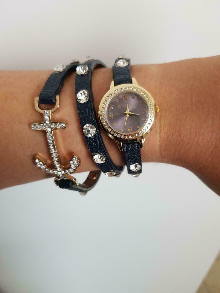 Cote d'Azur horloge met anker in armband (1 geheel) + box, Handtassen en Accessoires, Overige merken, Leer, Staal, Polshorloge