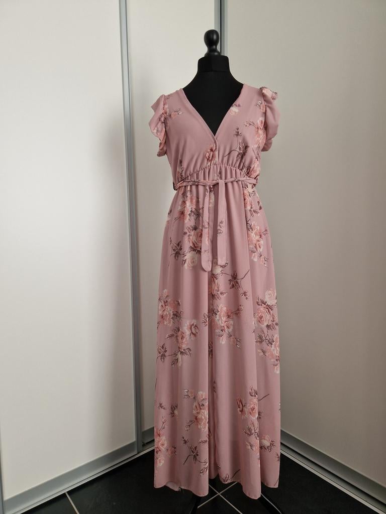 Robe fluide courtes manches, longue, rose pâle & fleurs, M-L, Kleding | Dames, Gelegenheidskleding, Zo goed als nieuw, Cocktailjurk