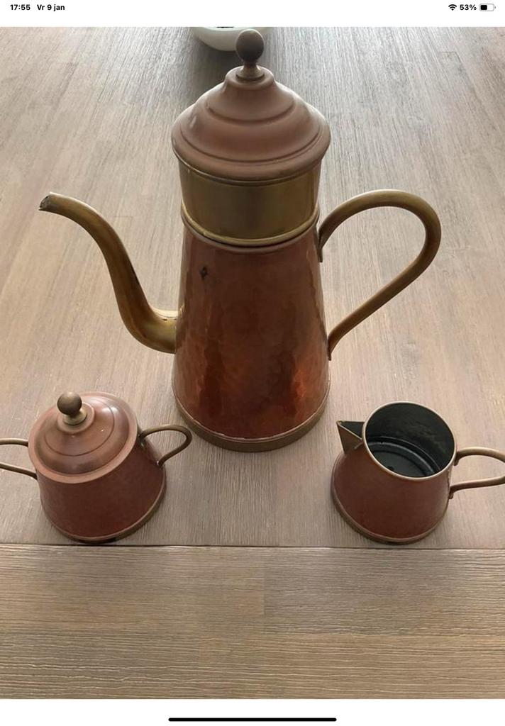 Koperen koffiepot, melk en suikerpotje, Antiek en Kunst, Ophalen of Verzenden