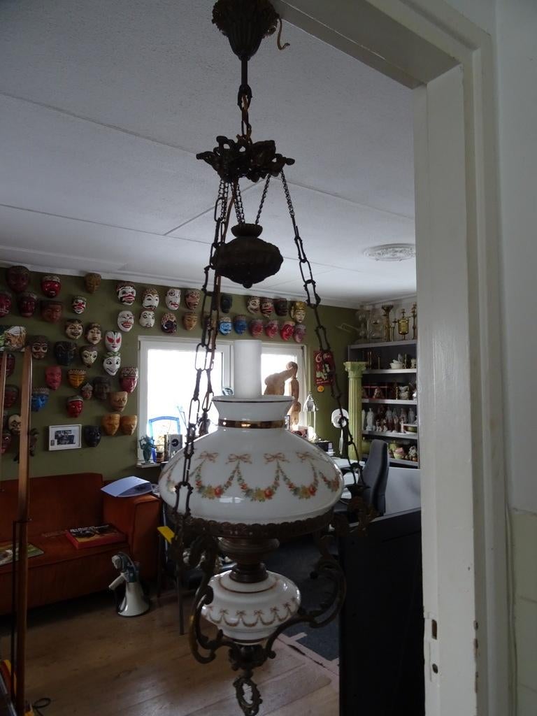 Lampe à huile ancienne verre opale poulies style romantique, Enlèvement ou Envoi