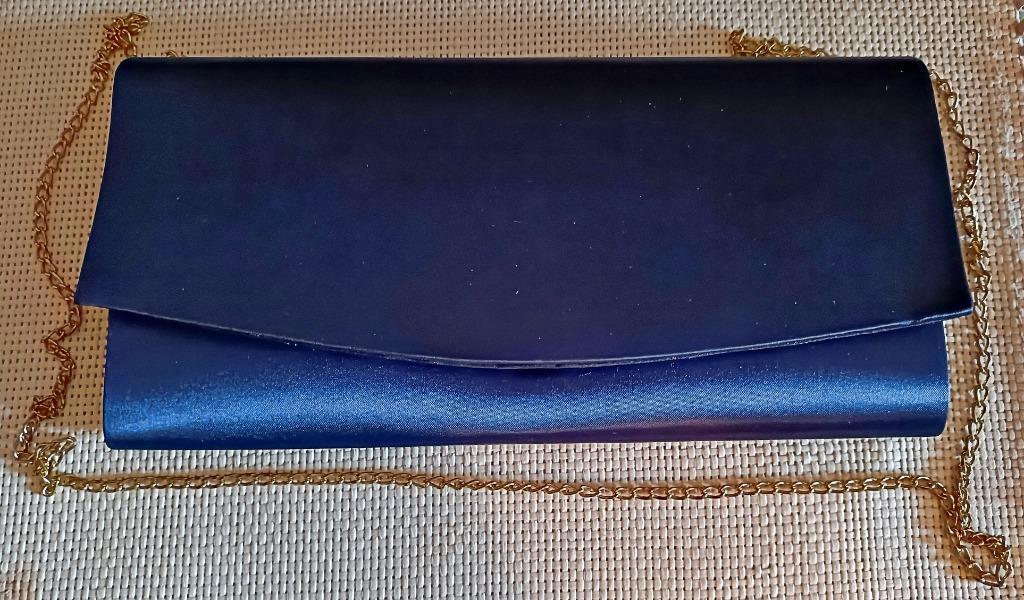 Pochette / sac de soirée vintage en satin bleu nuit + chaîne, Ophalen of Verzenden, Zo goed als nieuw, Blauw, Avondtasje