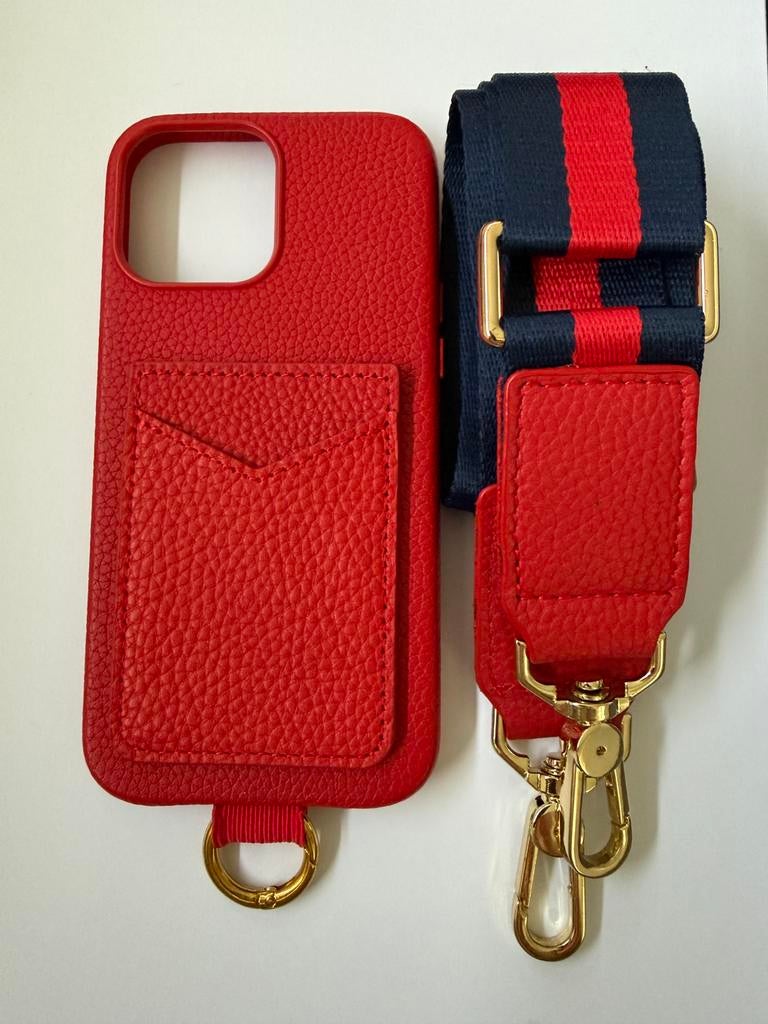 Rood hoesje met riem en kaarthouder voor iPhone 15 Pro Max, Ophalen, Zo goed als nieuw