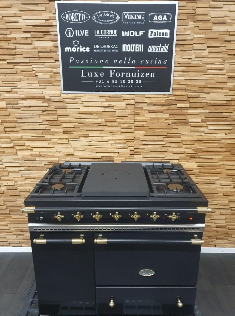 Lacanche Fornuis 100cm zwart en messing Coupe de Feu 2 ovens, Gaz, Classe énergétique A ou plus économe, Comme neuf, Enlèvement