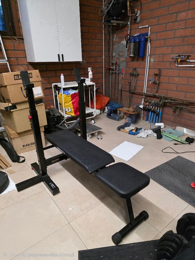 Fitness gewichten 140kg en benchpress, Ophalen, Gebruikt, Halterschijven