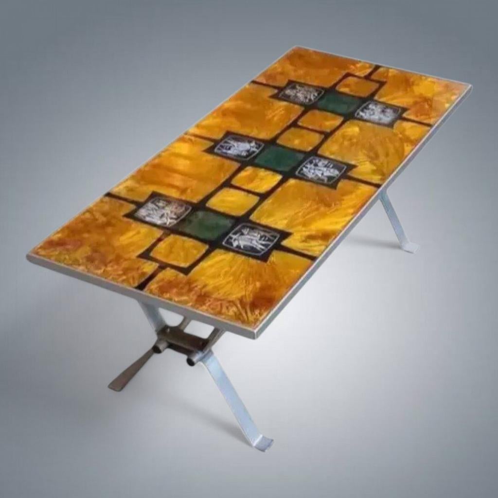 Table basse Vintage Metakor 1970's métal Eglomisé Chrome, Antiek en Kunst