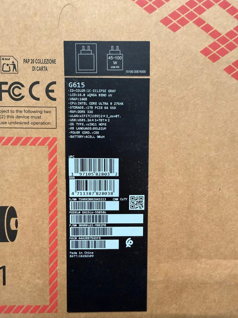 ROG Strix G16 (2025) | G615LW-S5058W | AZERTY-toetsenbord, Neuf, 32 GB, 16 pouces, 4 Ghz ou plus