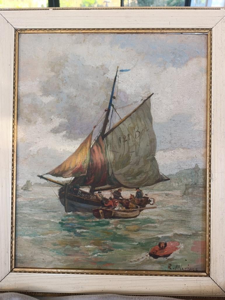 Olieverf op doek gesigneerd R. Mariage — Marine, vissersboot, Antiek en Kunst, Kunst | Schilderijen | Klassiek, Ophalen