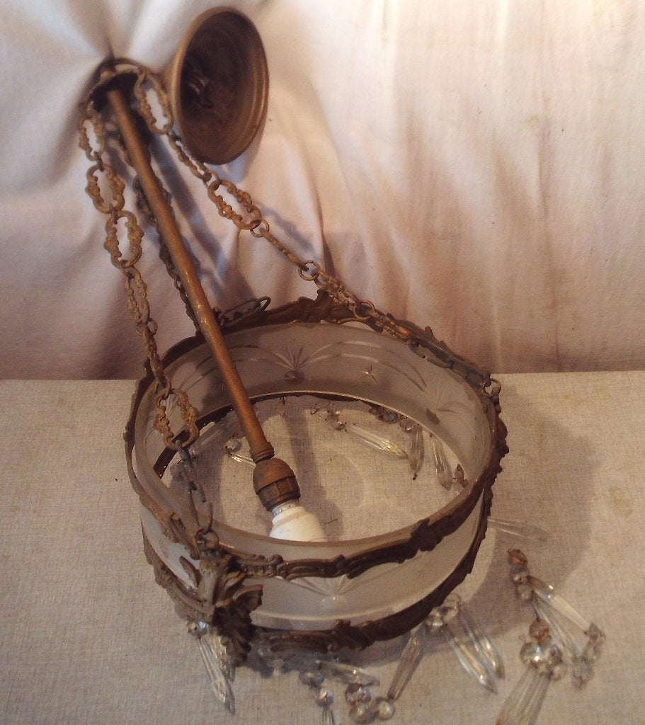Mooi Antieke Metalen Luchter met glazen Belletjes, Ophalen of Verzenden, Gebruikt, Glas