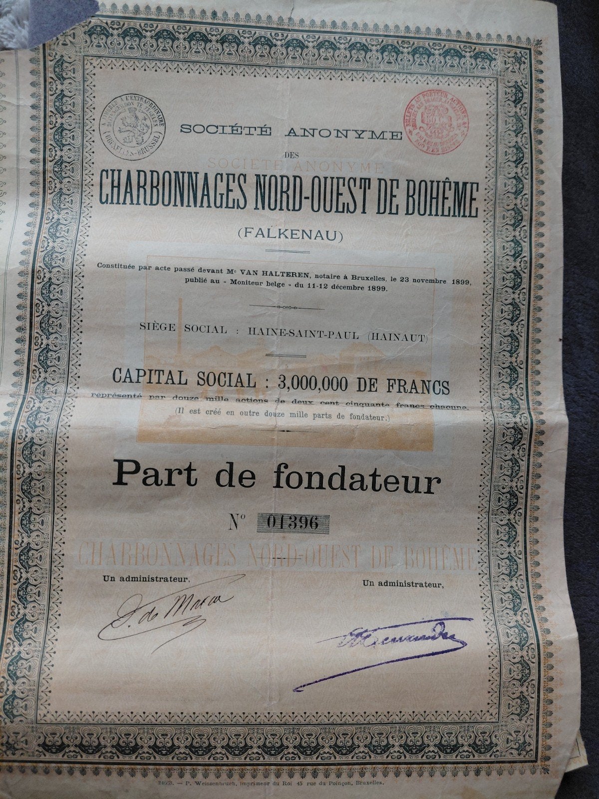 set historisch aandeel 1899 Charbonnages Nord-Ouest de Boh, Timbres & Monnaies, Enlèvement ou Envoi, Avant 1920, Action
