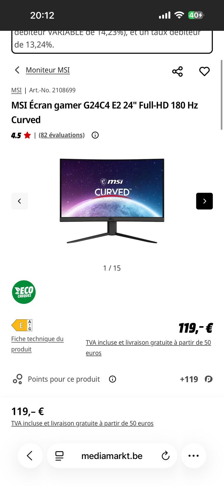 Ecran MSI 24" curved, Informatique & Logiciels, Enlèvement ou Envoi, Comme neuf, HD