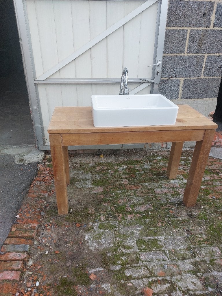 Teak wastafel met wasbak en kraan, Ophalen, Gebruikt, 100 tot 150 cm, Minder dan 100 cm