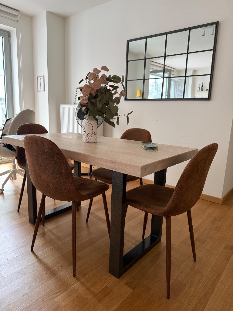 Eettafel — massief hout en metalen poten, Minder dan 50 cm, Gebruikt, 100 tot 150 cm, Moderne / industriel / scandinave