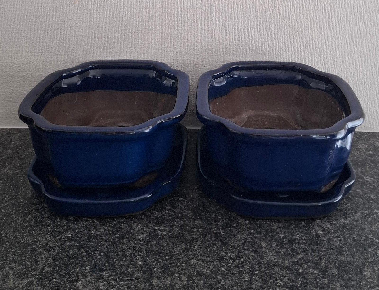 2 blauwgeglazuurde keramieken bonsai schalen met onderschaal, Tuin en Terras, Ophalen of Verzenden, Nieuw