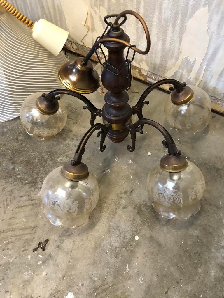 Luster met 5 glazen kapjes, Huis en Inrichting, Ophalen, Gebruikt, Glas, Klassiek