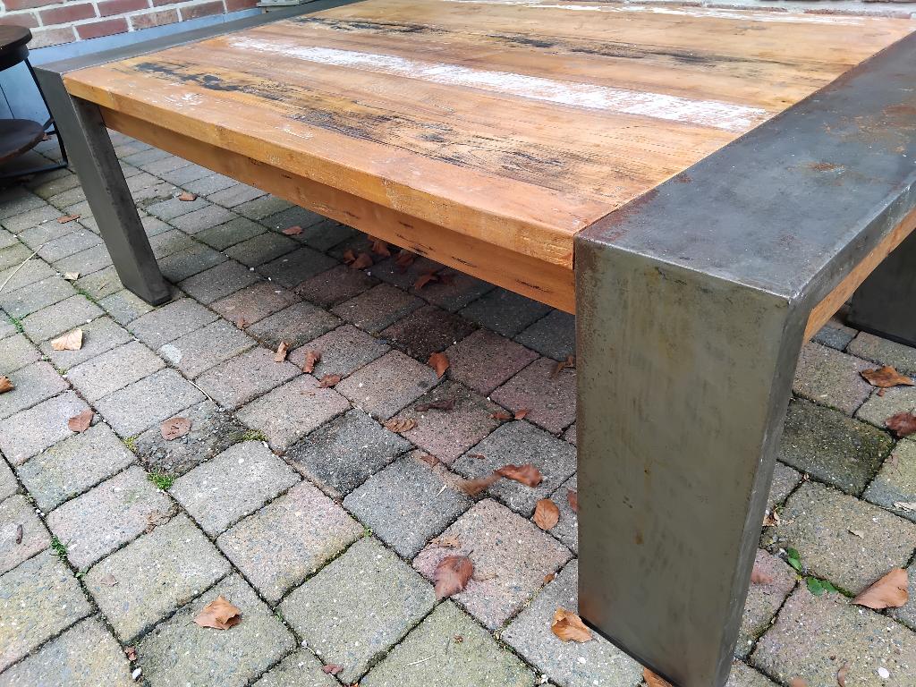 unieke salontafel teak en staal, Huis en Inrichting, Tafels | Salontafels, Ophalen, Zo goed als nieuw, Teakhout