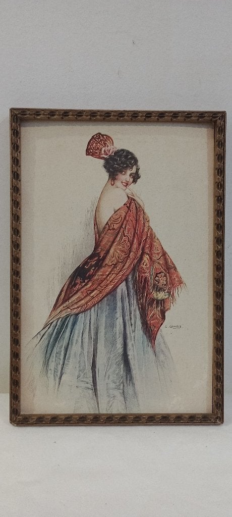 Gravure Gaspar Camps Art Déco–Élégante au Châle,17x25,n667, Enlèvement ou Envoi, Gravure, Signé