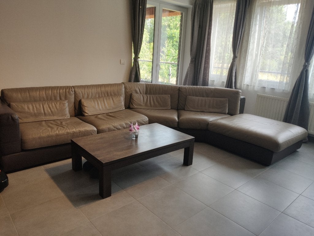 Grand canapé d'angle en cuir taupe / beige avec méridienne, Maison & Meubles, 100 à 125 cm, 300 cm ou plus, Quatre personnes ou plus